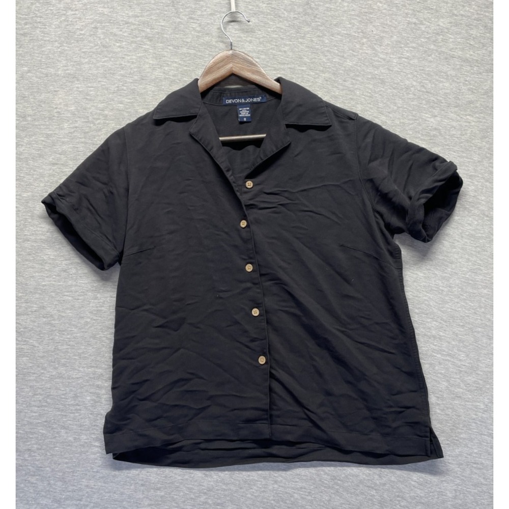 Devon & Jones Camp Shirt Womens Medium Black Rayon Side Slit Collared Button Up